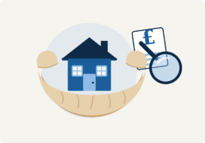 Illustration of a house held in protective cupped hands beside a magnifying glass and document, representing Court of Protection property valuations and surveys.